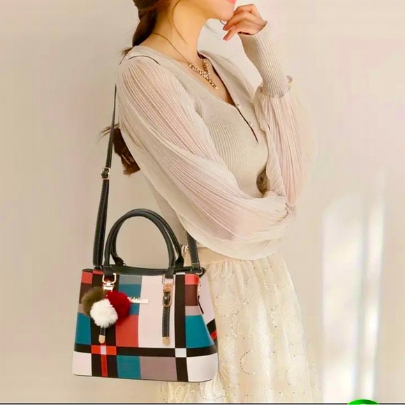 NWOT-Plaid Crossbody Bag -Classic Shoulder Bag with Color Stitching - Picture 2 of 11